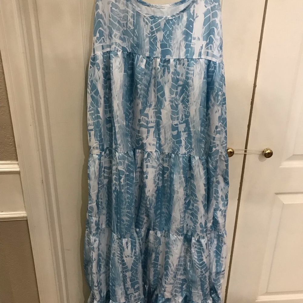 Blue and white print maxi dress, adjustable straps - Picture 4 of 5